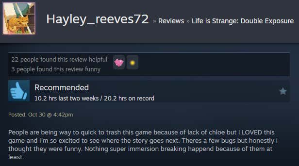 Screenshot showing a Steam review for Life is Strange: Double Exposure.